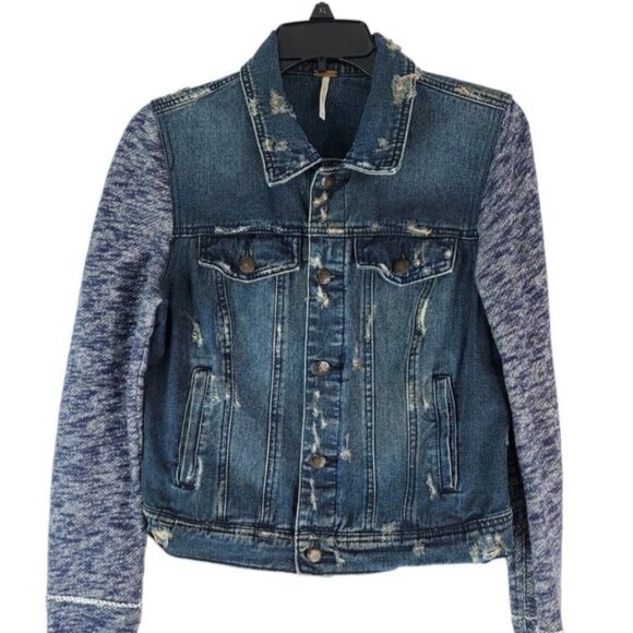 Free People Distressed Denim & Knit Jacket w/Hood - Picture 1 of 5
